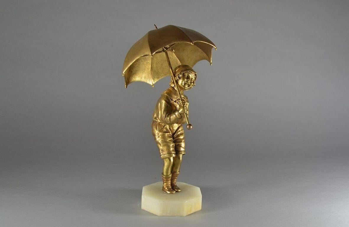 Gilt Dh. Chiparus, Child with Umbrella Gilded Bronze Art Deco Figure, Circa 1925