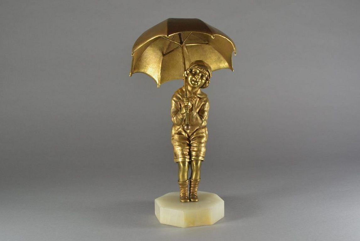 Early 20th Century Dh. Chiparus, Child with Umbrella Gilded Bronze Art Deco Figure, Circa 1925 For Sale