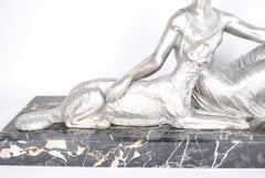 Dh Chiparus, Woman Sitting In Borzoi, Silverplated Bronze Signed, Art Deco, 20th