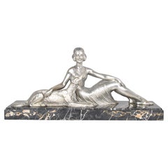 Vintage Dh Chiparus, Woman Sitting In Borzoi, Silverplated Bronze Signed, Art Deco, 20th