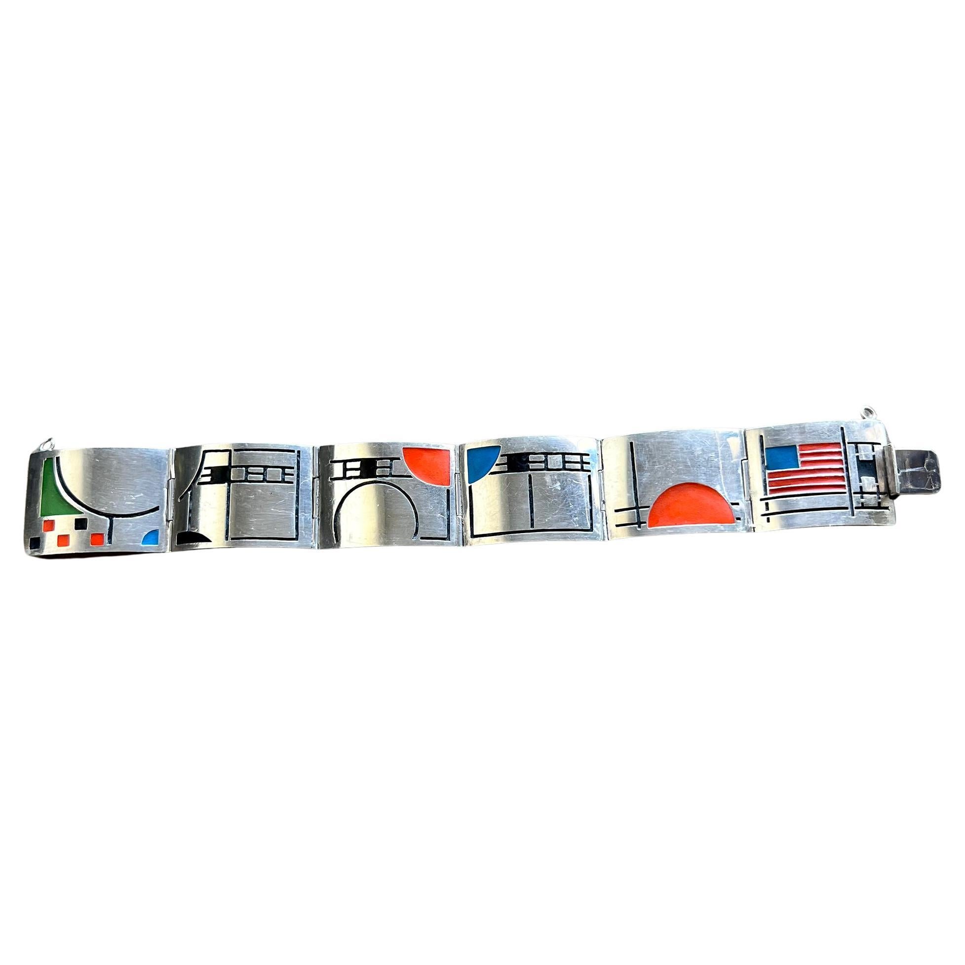 Dharam Damamas Sterling Silver Enamel Bracelet with Frank Lloyd Wright Design In Good Condition For Sale In Palm Springs, CA