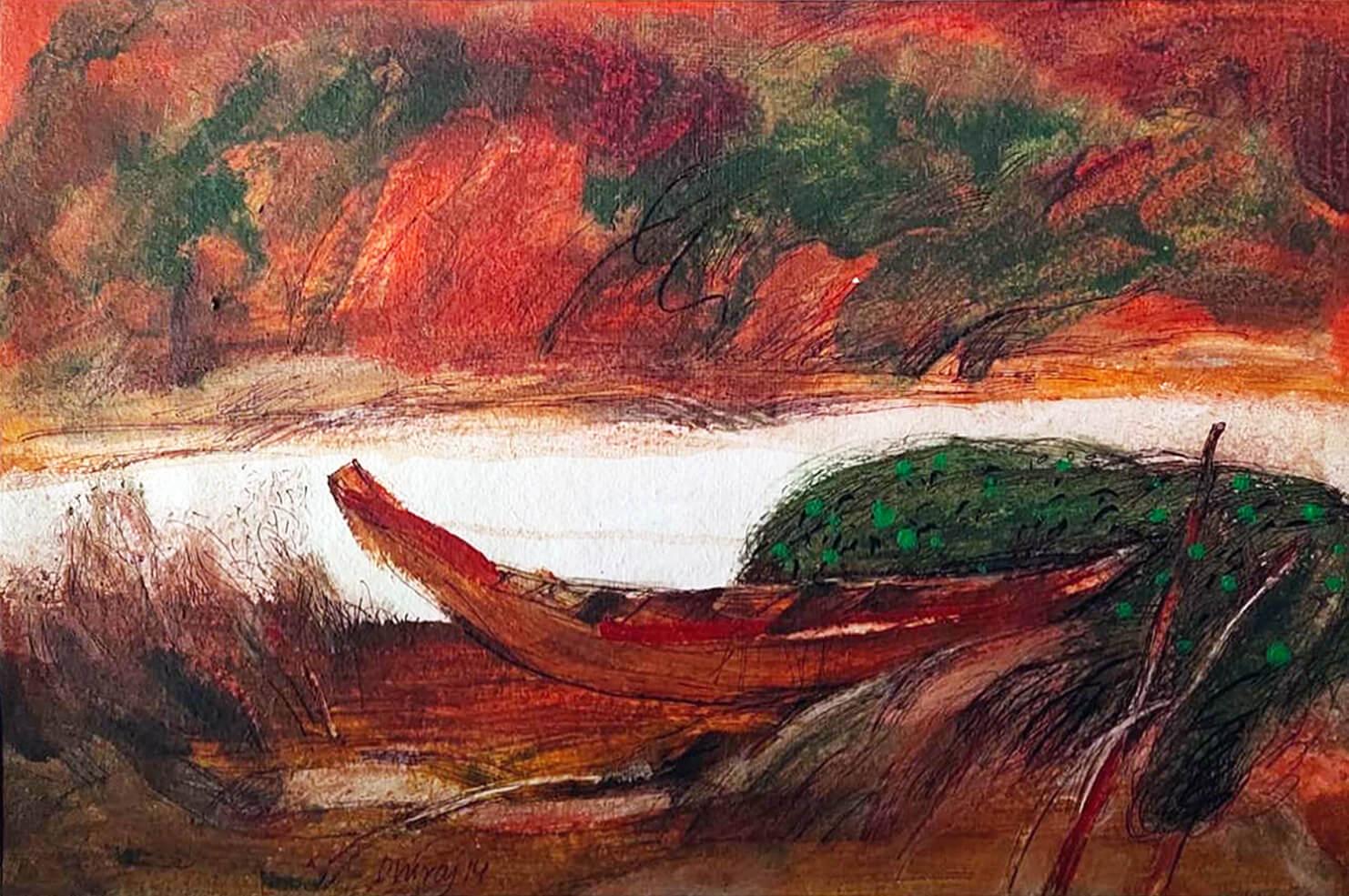 Dhiraj Chowdhury Landscape Painting - Boat, Mixed Media on Paper Color by Dhiraj Chowdhuri "In Stock"