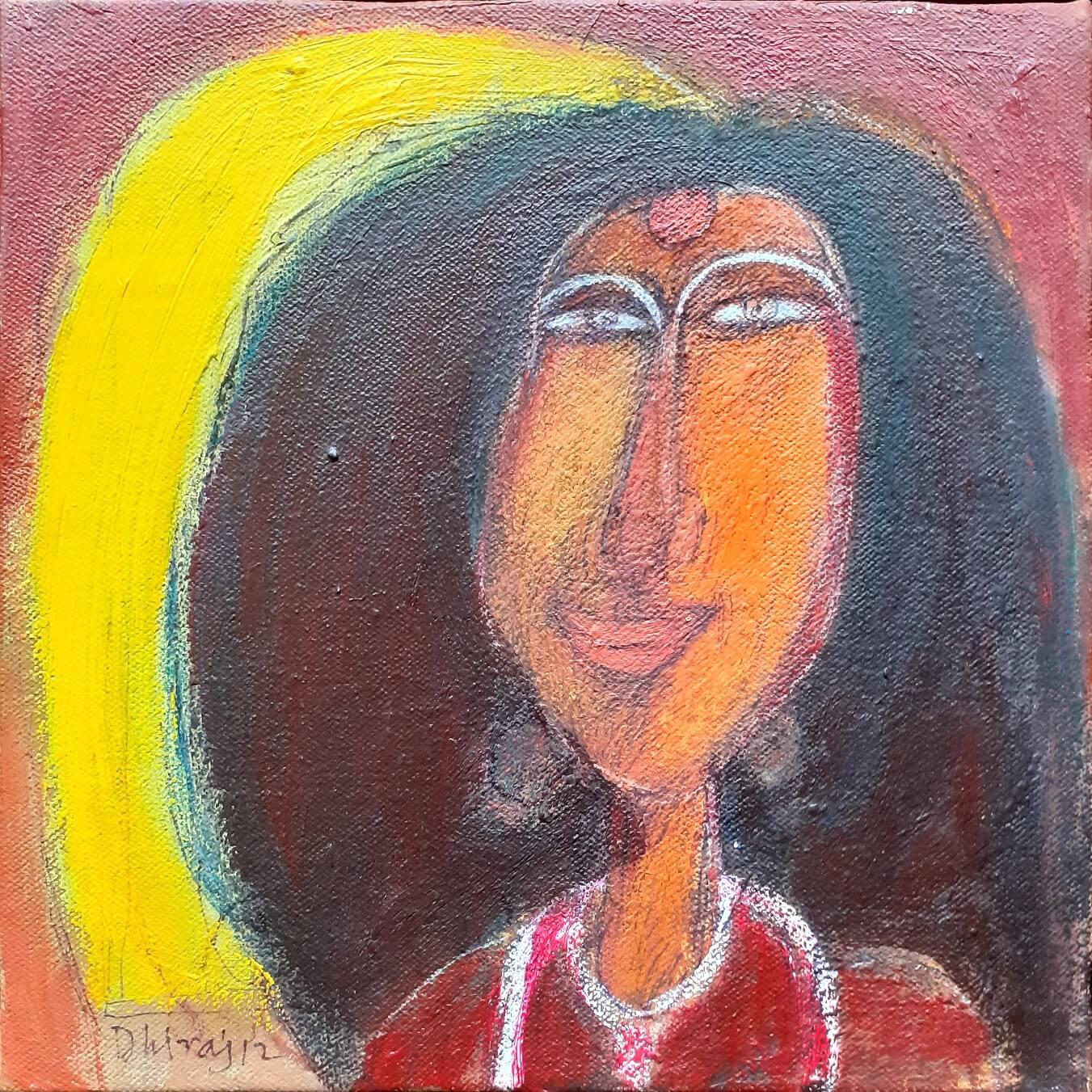 Dhiraj Chowdhury Figurative Painting – Musing, figürlicher, roter, gelber Farbton, Öl auf Leinwand, Indischer Meister, „Auf Lager“
