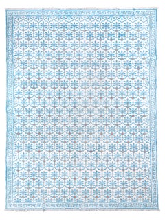 Dhurrie Carpet with a Leaf Design in Blue and White