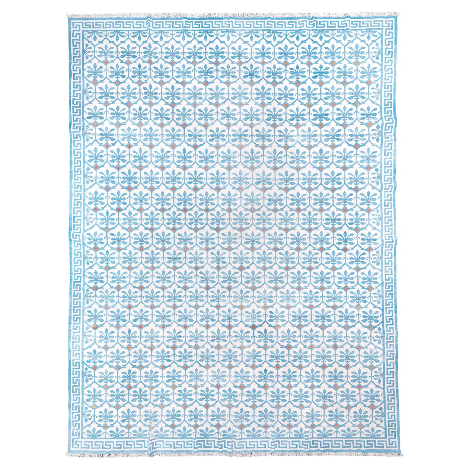 Dhurrie Carpet with a Leaf Design in Blue and White
