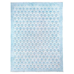 Dhurrie Carpet with a Leaf Design in Blue and White