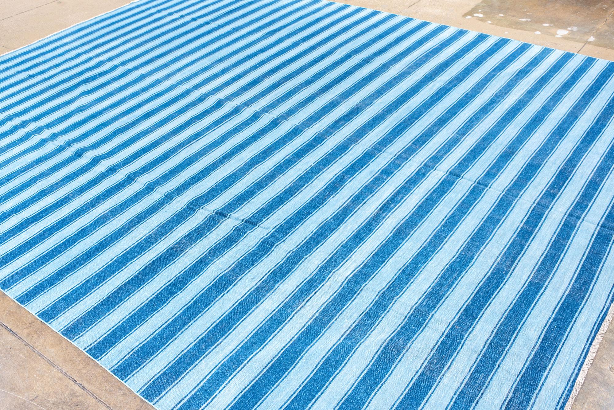 Dhurrie Carpet with Allover Denim Blue and White Stripes en venta 1
