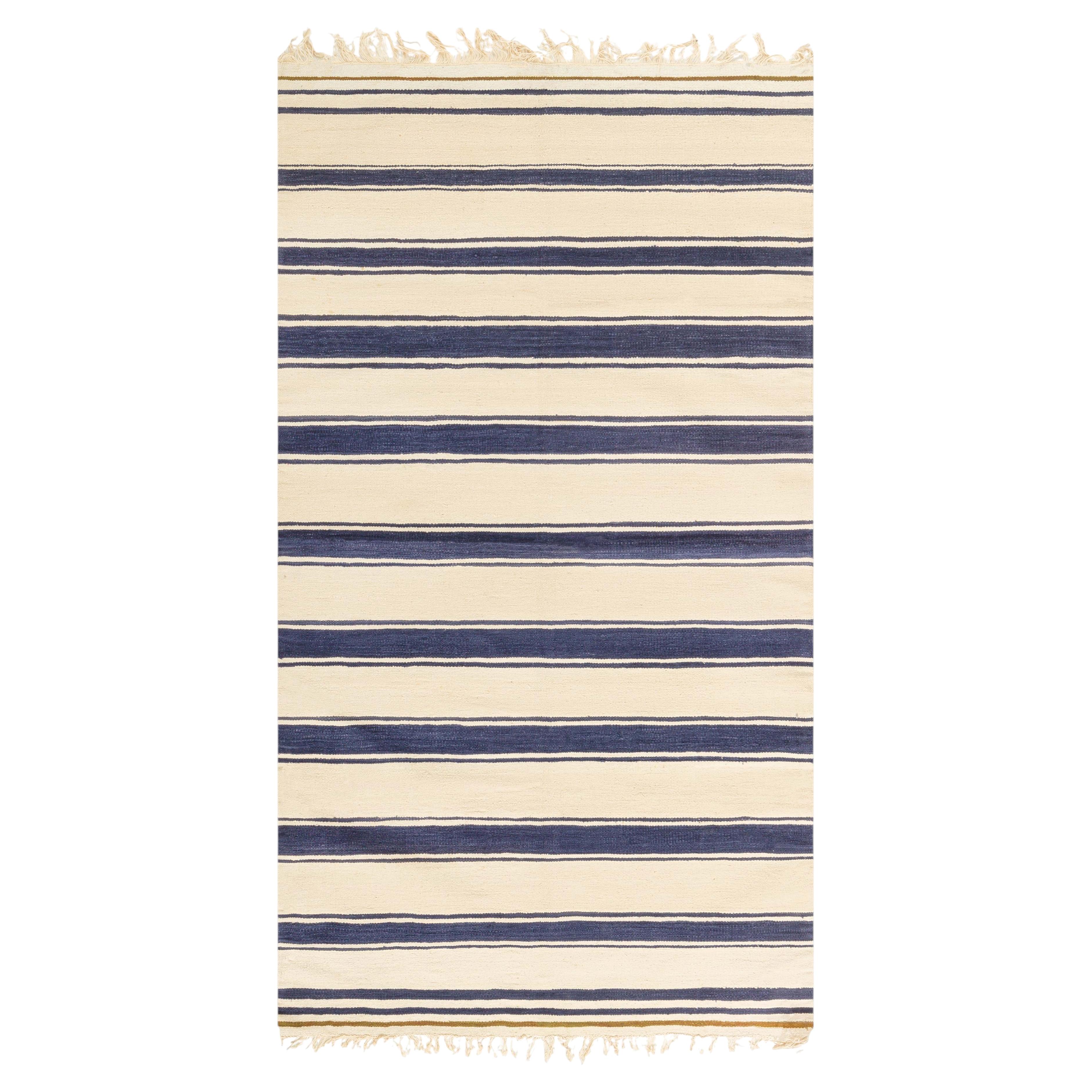Dhurrie Mid-Century Striped With Navy Blue Flatweave Cotton Rug