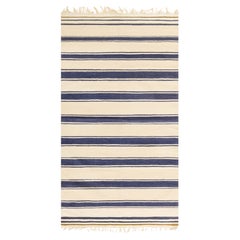 Dhurrie Mid-Century Striped With Navy Blue Flatweave Cotton Rug