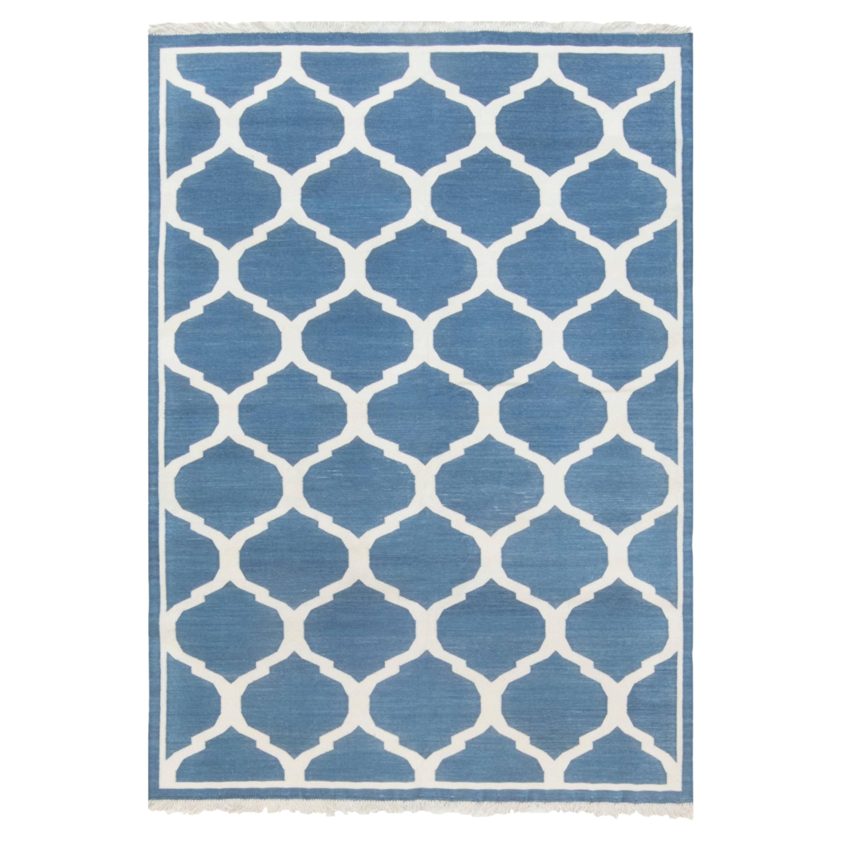 Dhurrie Modern Flatweave Rug In Ivory And Blue "Casbah" by Doris Leslie Blau