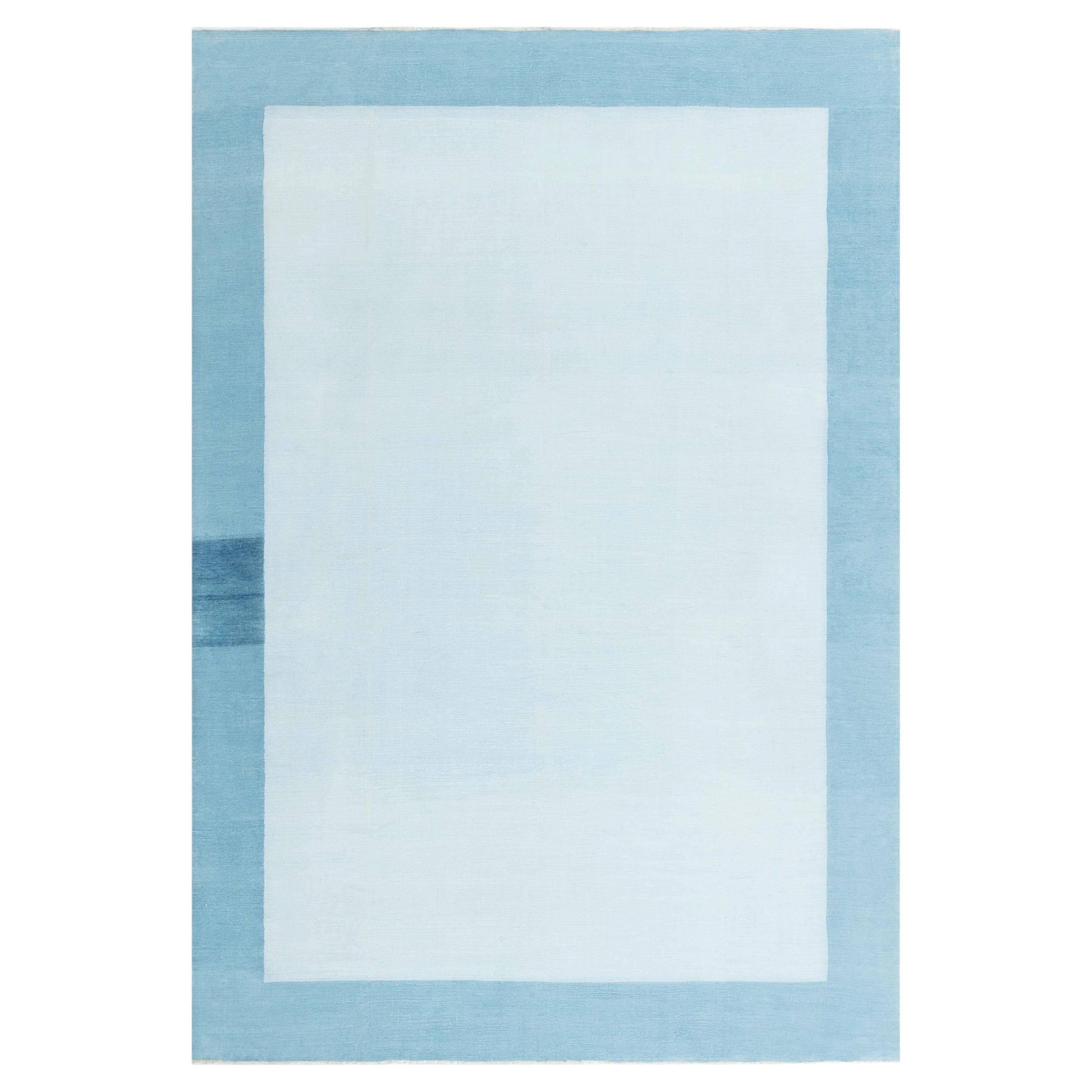 Dhurrie Vintage Abstract Blue With Blue Flatweave Cotton Carpet For Sale