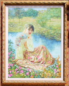 Ragazza con ventaglio in riva al fiume, pittura a olio di Di Li Feng