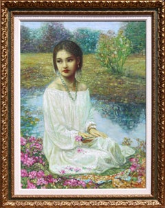 Retrato de niña junto al río, pintura al óleo de Di Li Feng