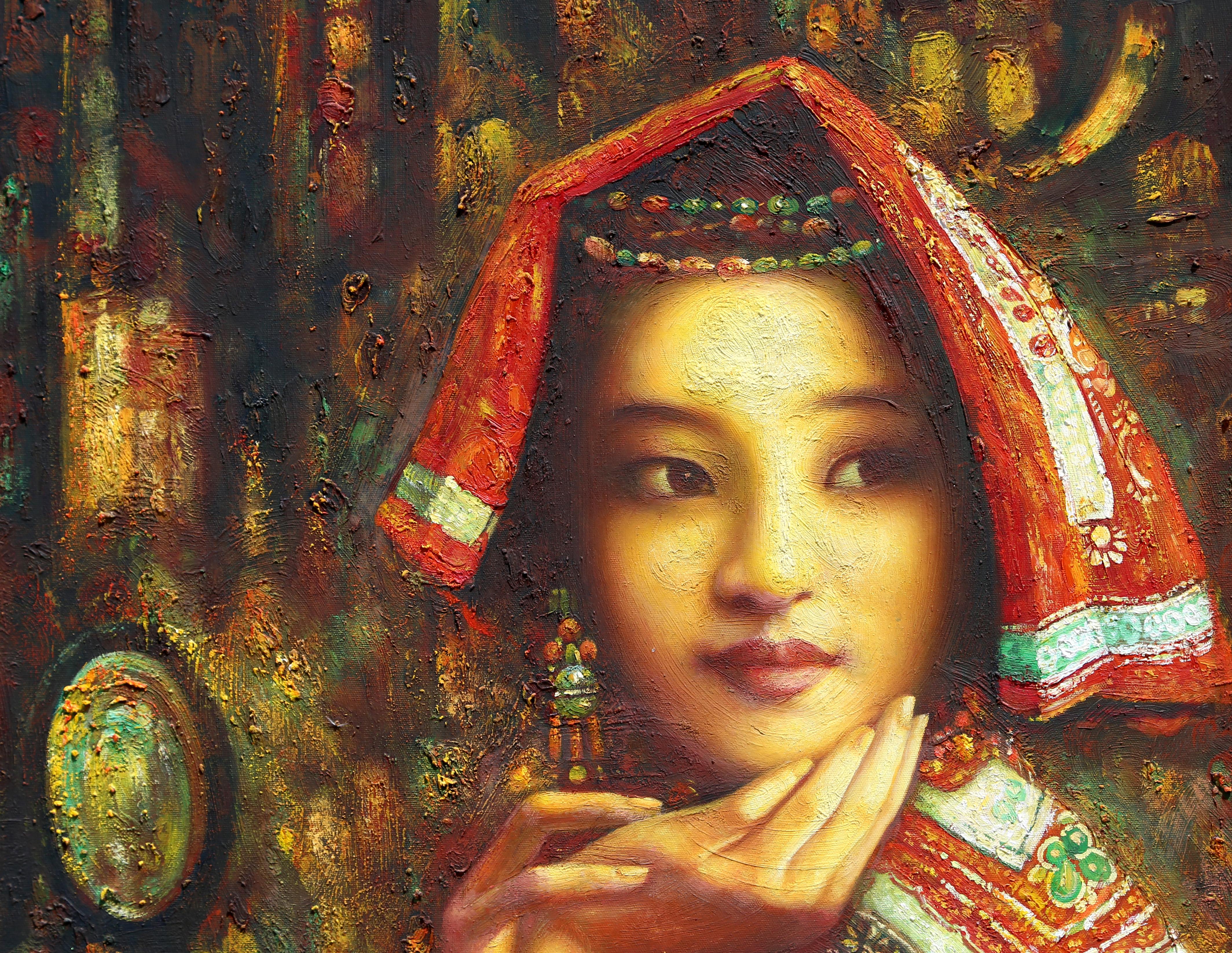 Ritratto di ragazza in abiti tradizionali, dipinto a olio su tela di Di Li Feng in vendita 1