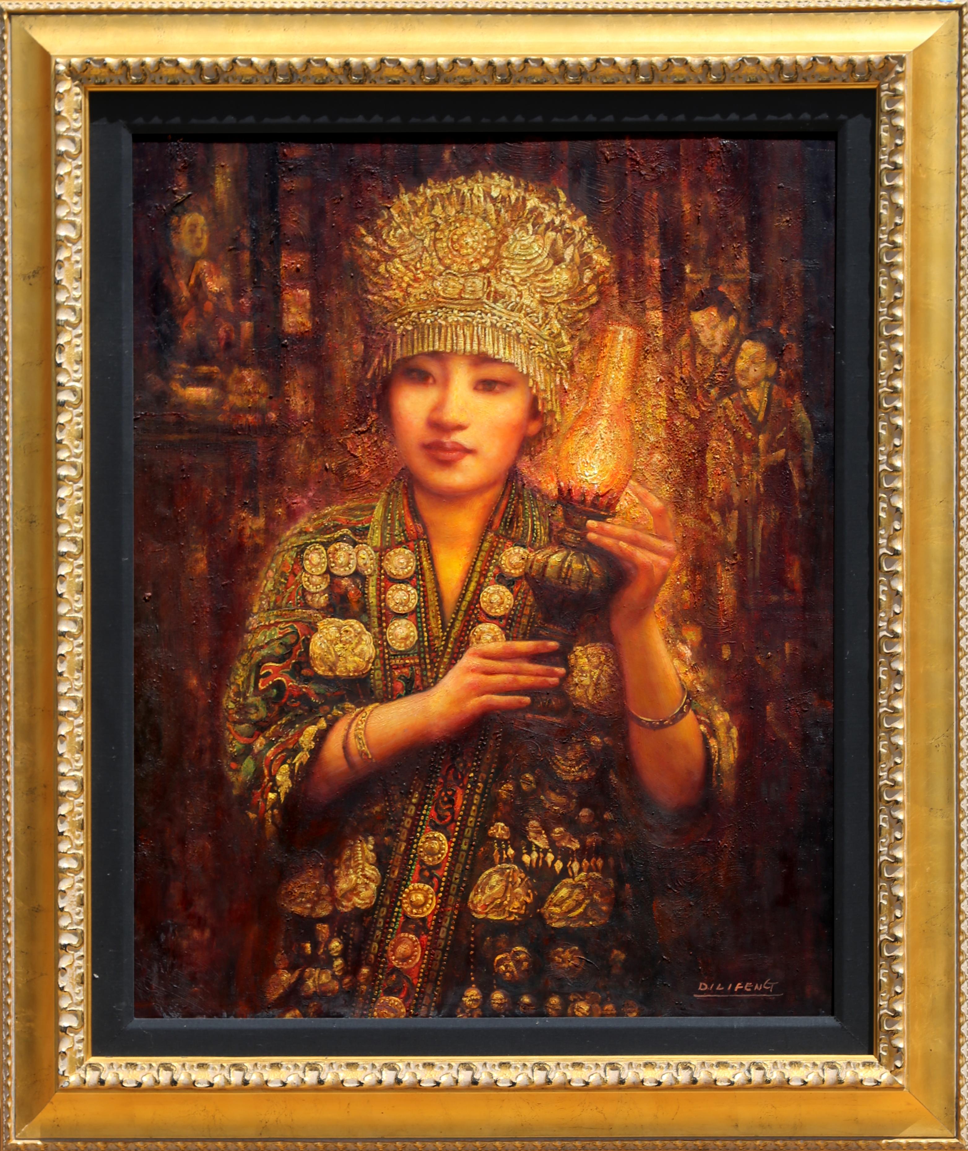 Ritratto di donna Miao
Di Li Feng, cinese (1958)
Data: circa 2000
Olio su tela, firmato in basso a destra
Dimensioni: 40 x 32 pollici (101,6 x 81,28 cm)
Dimensioni della cornice: 51 x 43 pollici