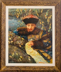 Portrait of Woman by Stream in Traditional Robe and Hat