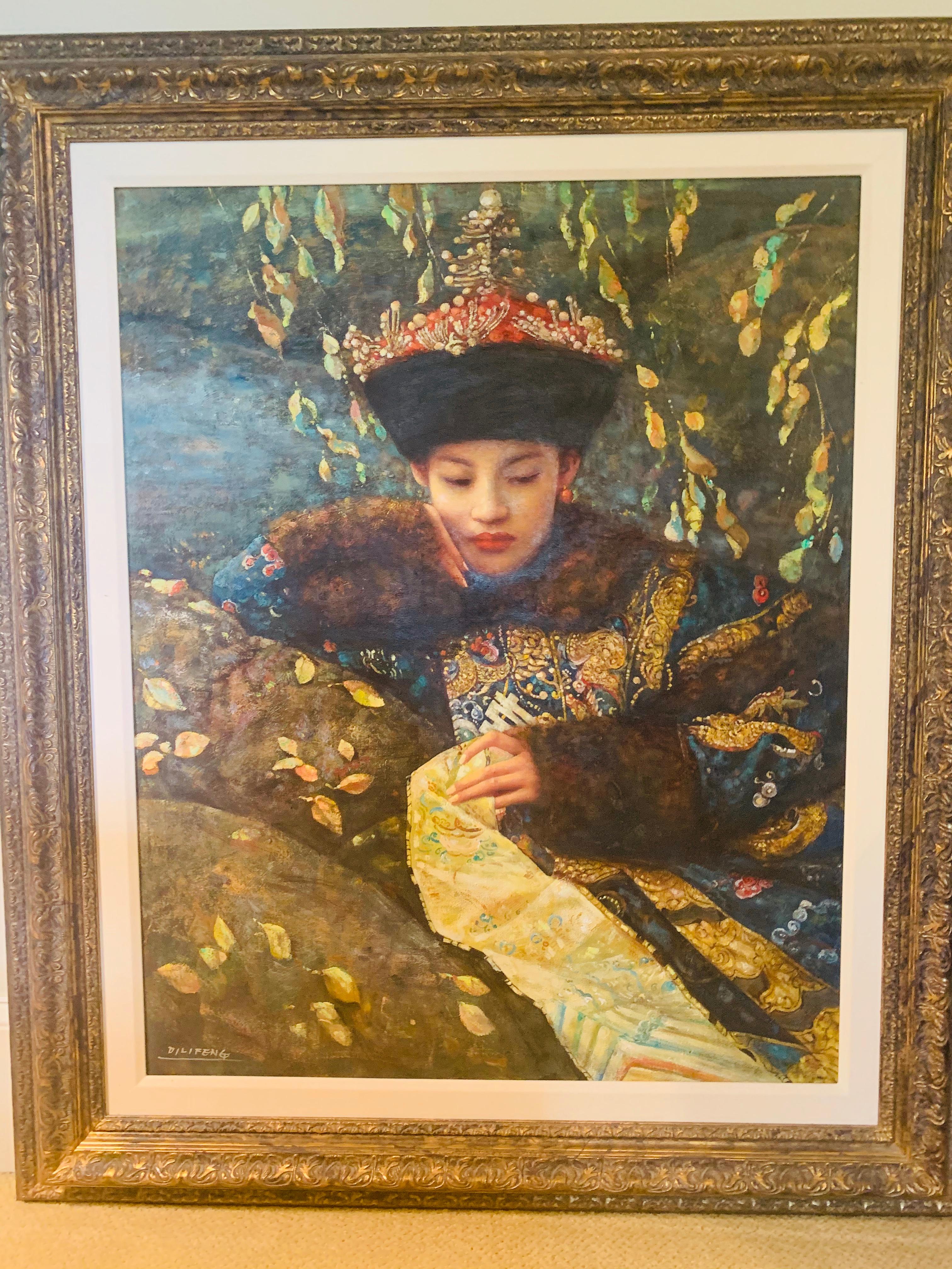 Di Li Feng Portrait Painting - Portrait of Woman by Stream in Traditional Robe and Hat