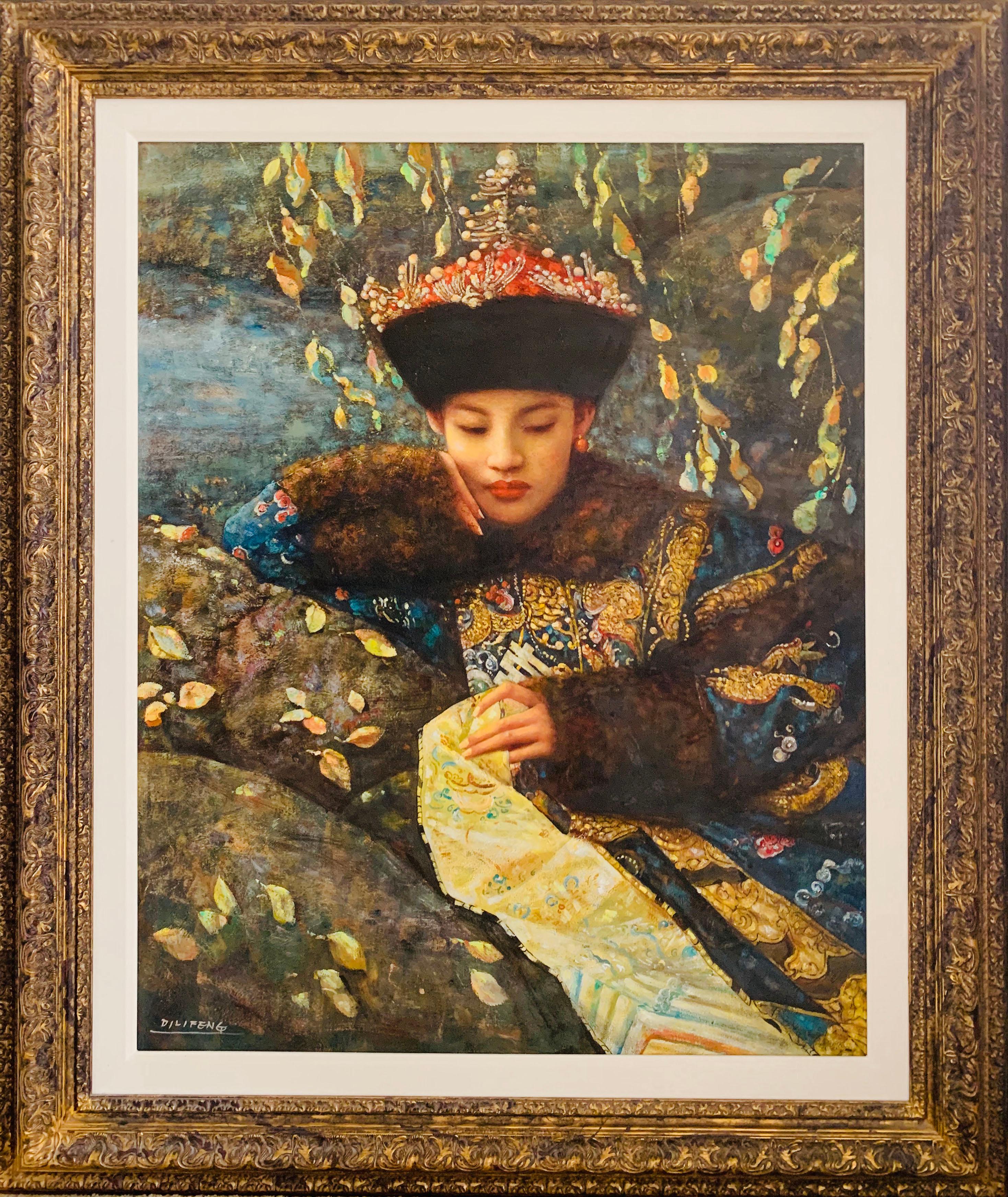 Portrait of Woman by Stream in Traditional Robe and Hat
Di Li Feng, Chinese (1958)
Date: 2001
Oil on Canvas, signed l.l.
Size: 38.5 x 31 in. (97.79 x 78.74 cm)
Frame Size: 51 x 46 inches