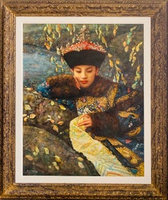 Woman by Stream in Traditional Robe and Hat, peinture à l'huile de Di Li Feng