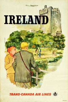 Affiche rétro originale de voyage, Irlande, Trans-Canada Air Lines TCA, Château de Blarney