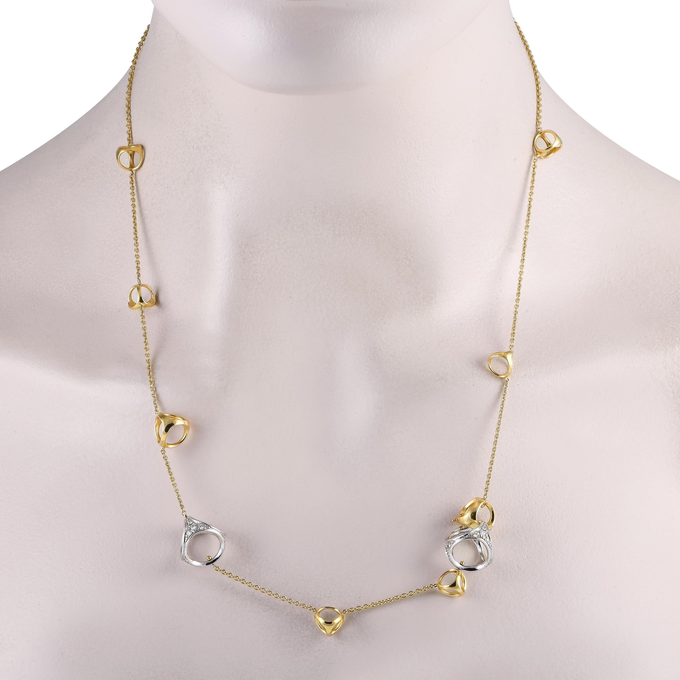A lovely Di Modolo creation, this yellow-gold necklace features a trendy look infused with timeless appeal. It showcases a 22 long chain decorated with geometric bomb-inspired links in yellow gold. Bringing a glistening accent to the piece are two