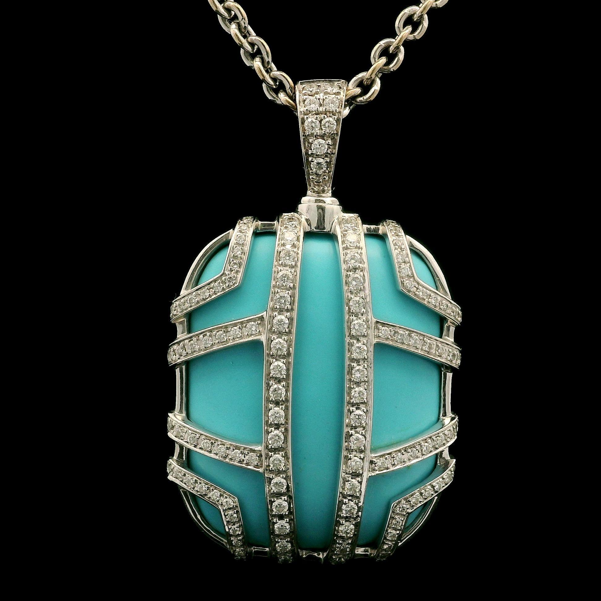 –Stones–
1 Natural Genuine Turquoise - Large Cushion Cut - Bright Blue Color - 28.9x23.2mm (approx.)
128 Natural Genuine Diamonds - Round Brilliant Cut - Pave Set - Nice Brilliant White Color - 1.0ctw approx.

Material: Solid 18k White Gold w/ 14k