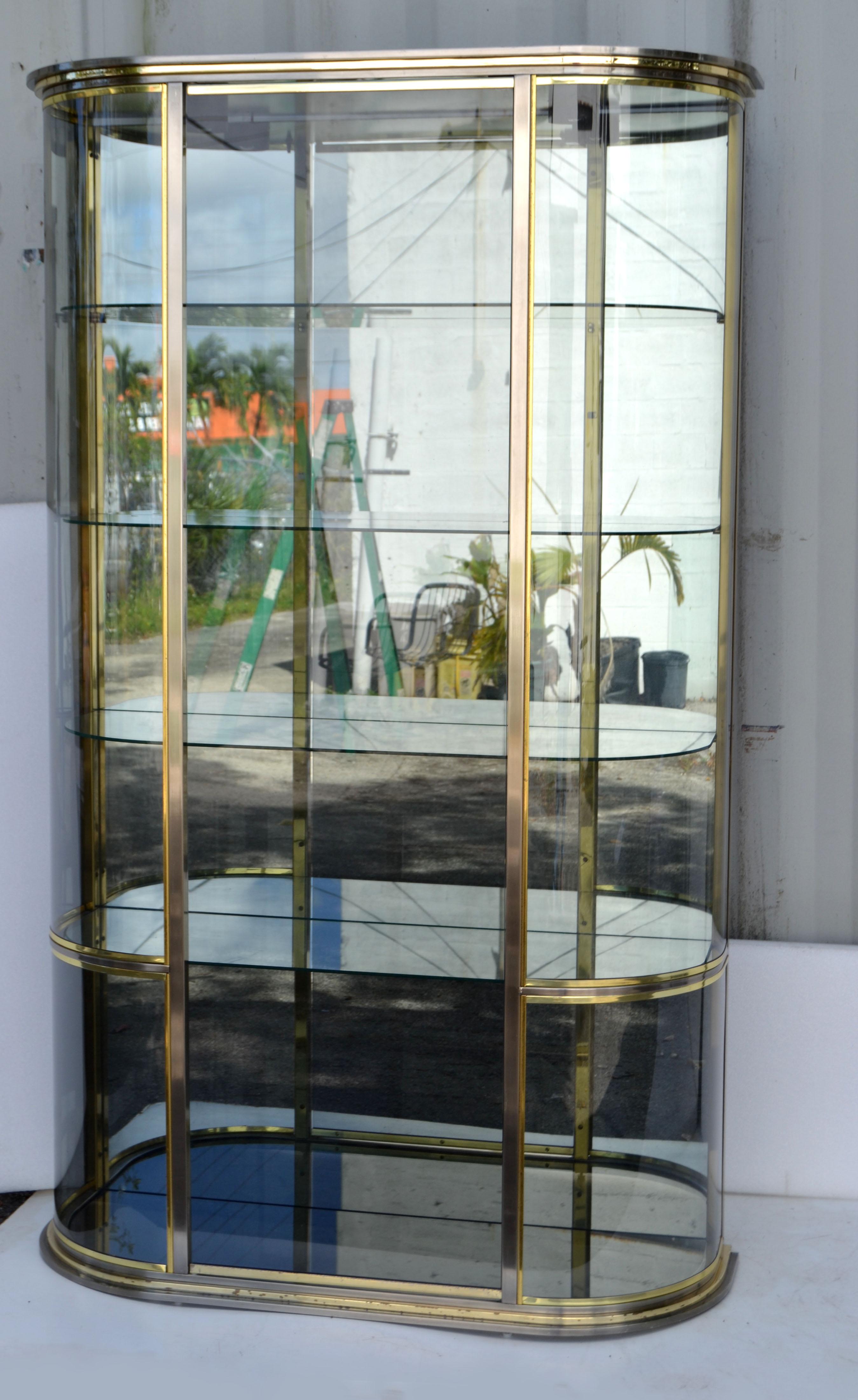 American DIA 2 Patina Brass, Smoked Glass Bow Shape Vitrine, Showcase, Display Cabinet