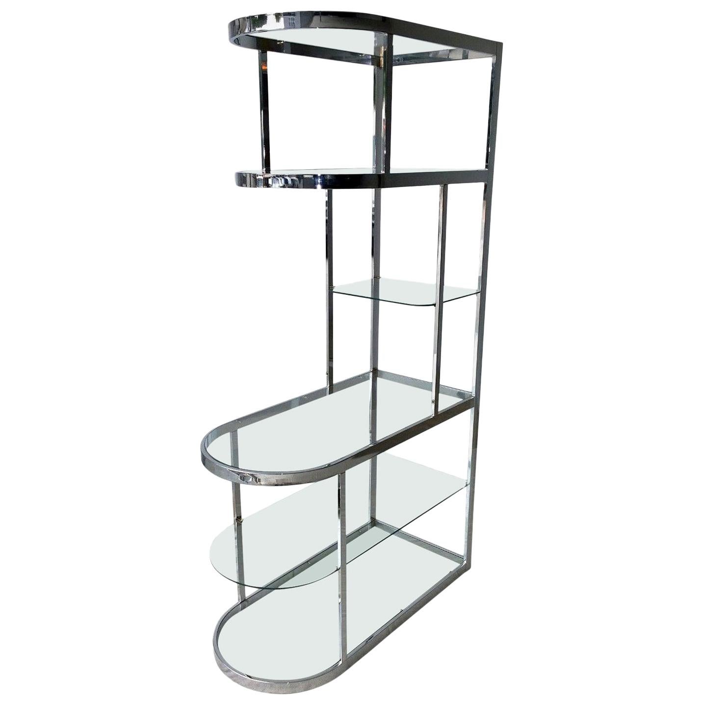 DIA 6 Glass Shelf Chromed Metal Frame with Brass Supports Curved Front Étagère For Sale