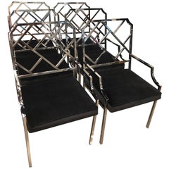 DIA Chrome Chinese Chippendale Arm Chairs Dining Set of Eight Mohair Velvet