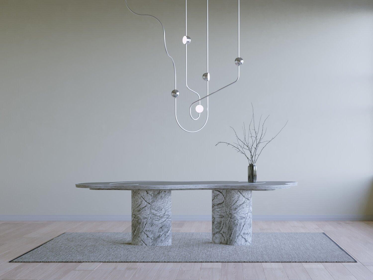 Dia is a sculptural chandelier inspired by the heterophony of natural sound. Each frame (or melody) is hand-rolled with all joints cleverly concealed within the circular light source, the playful LED light sources disperse ambient light in all