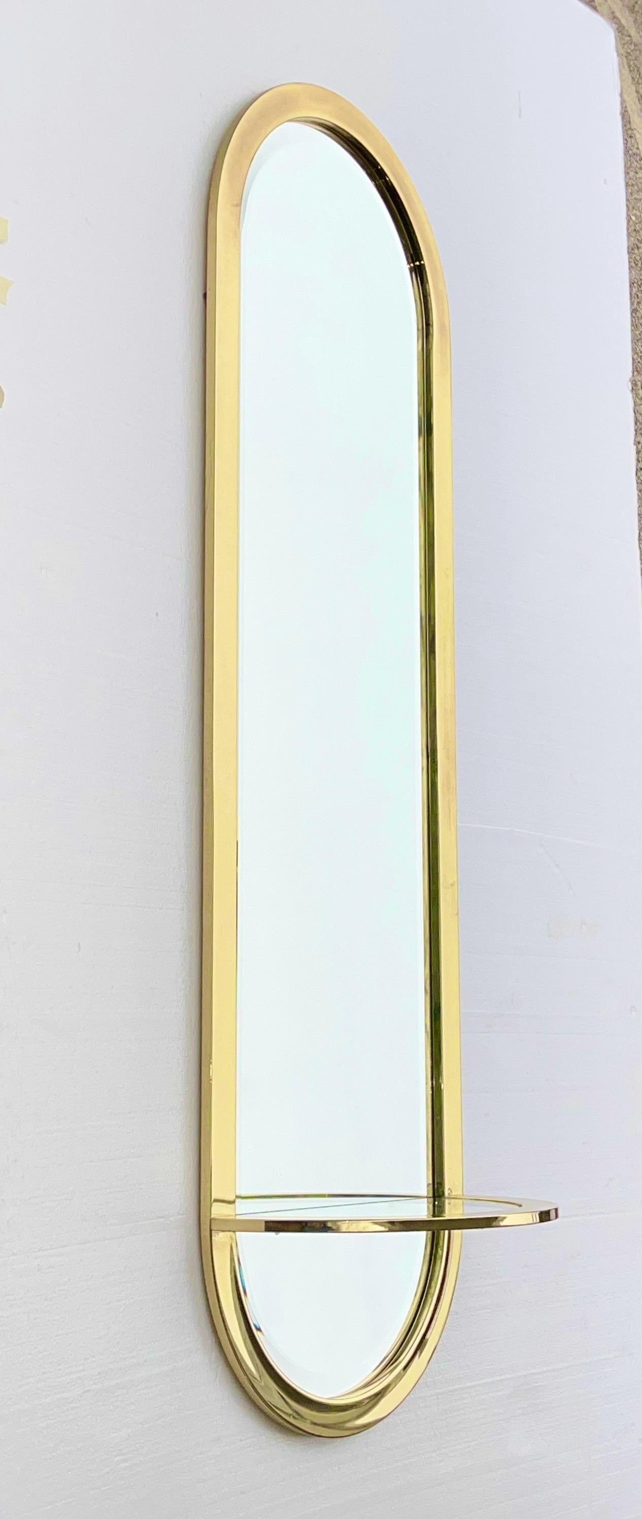 American DIA Design Institute America Brass Racetrack Oval Mirror with Demilune Shelf For Sale
