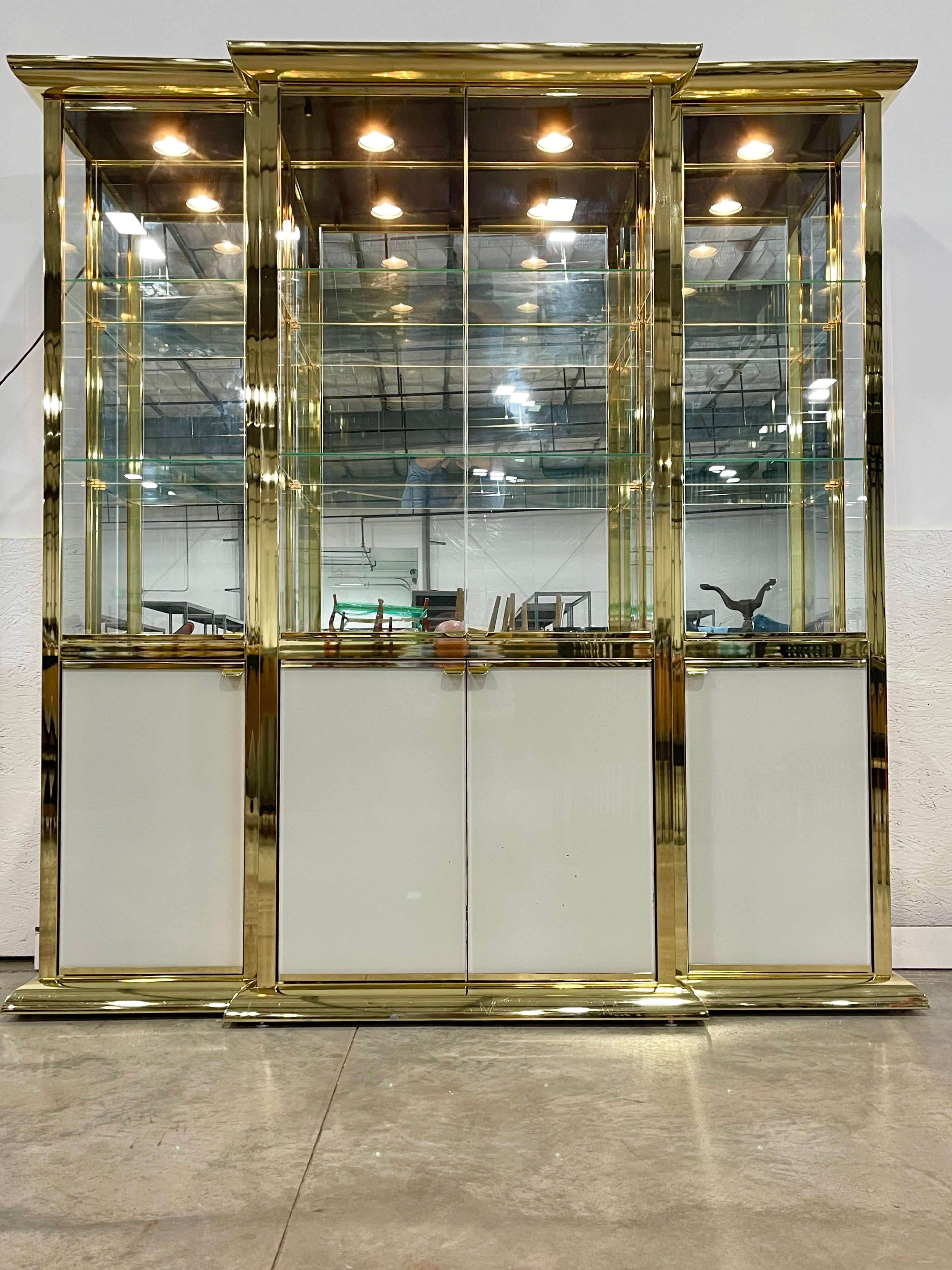 Show stopping showcase by Design Institute America from the 'golden age' before federal environmental laws forced metal electroplating businesses to close!
This triple wide vitrine (or dry bar) is slimmer (less deep) than many others so it makes an