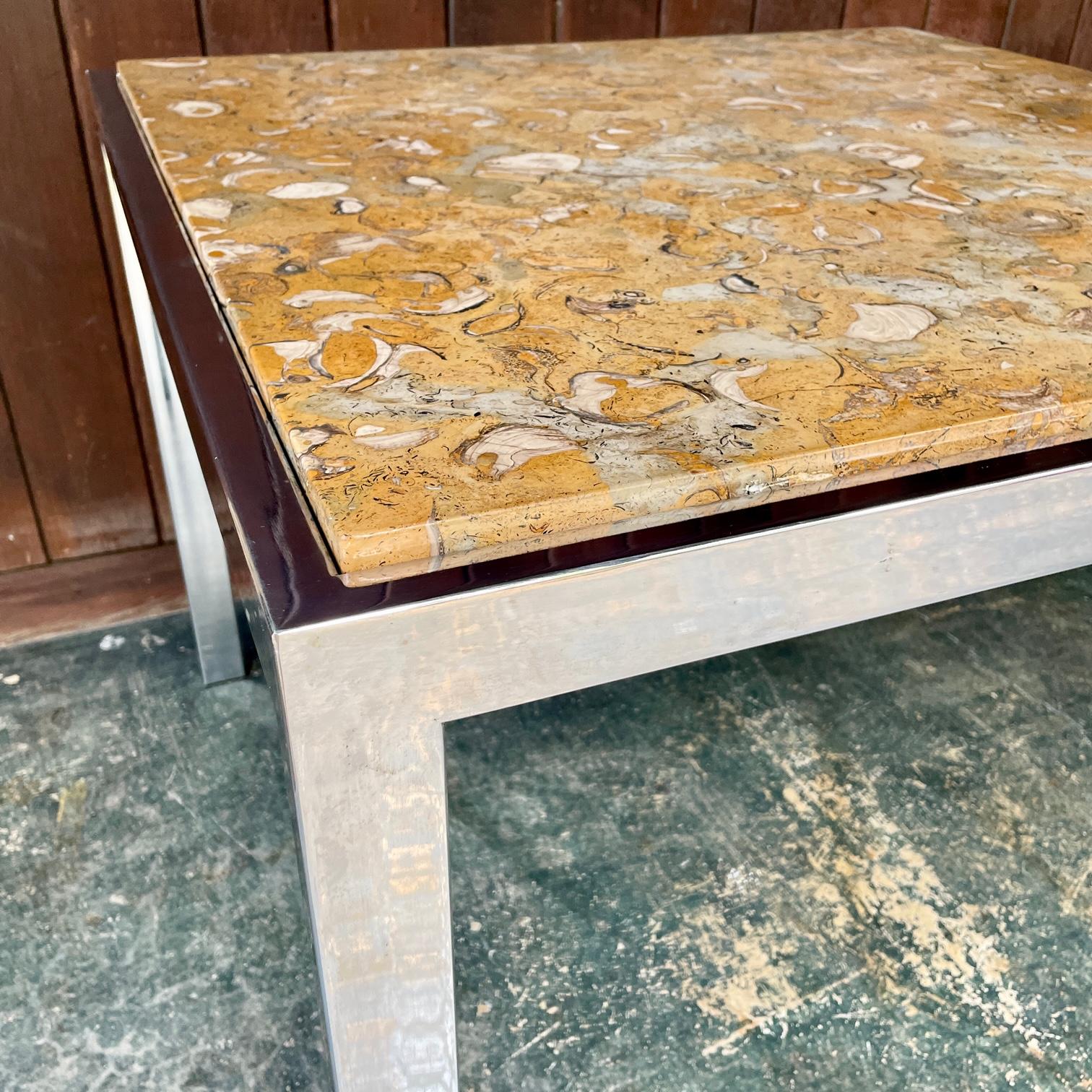 Late 20th Century DIA Fossilized Stone Steel Dining Table Vintage Mid-Century Post-Modern For Sale
