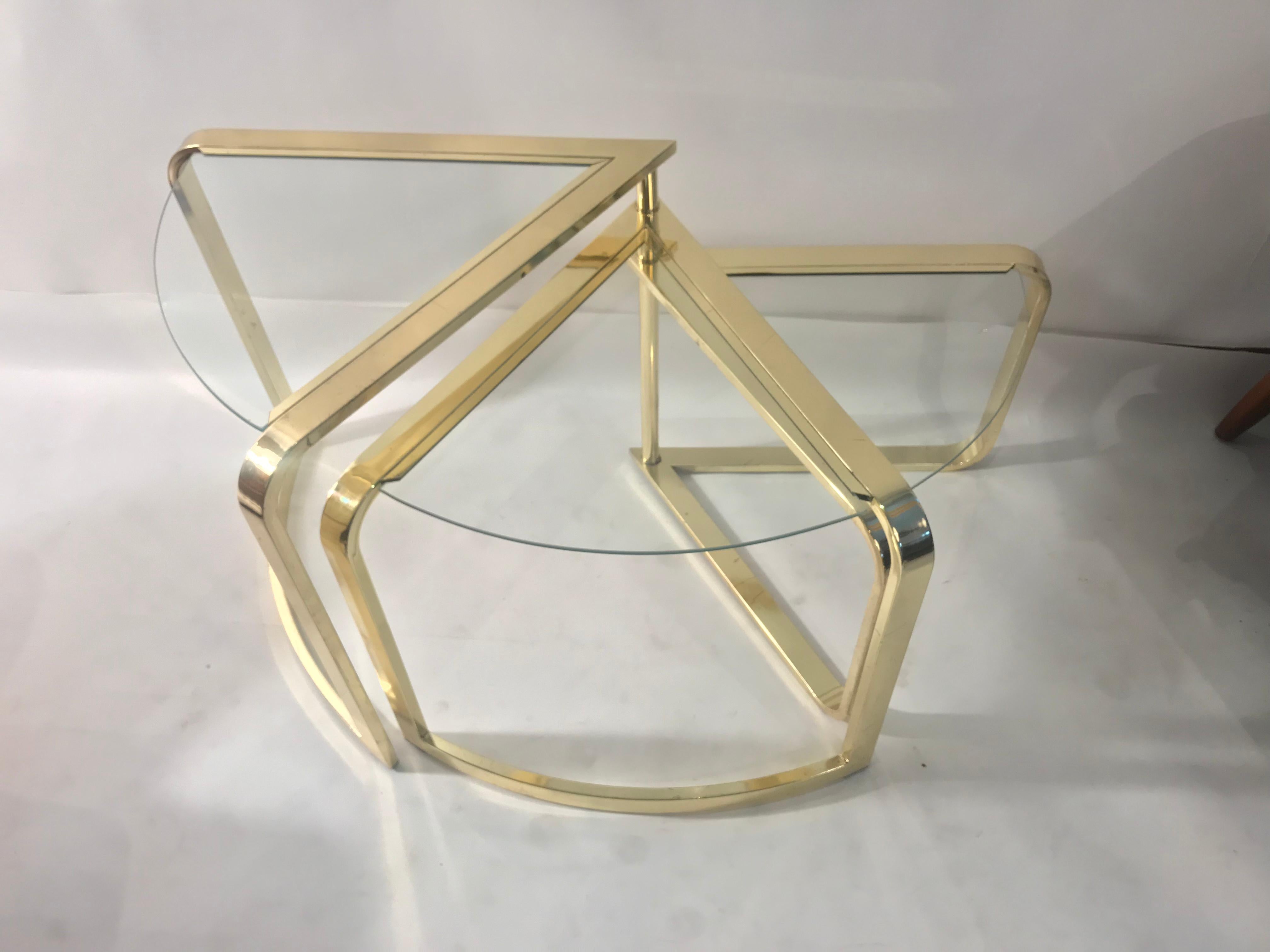 DIA hollywood regency brass and glass nesting wedge tables attributed to Milo Ba 3