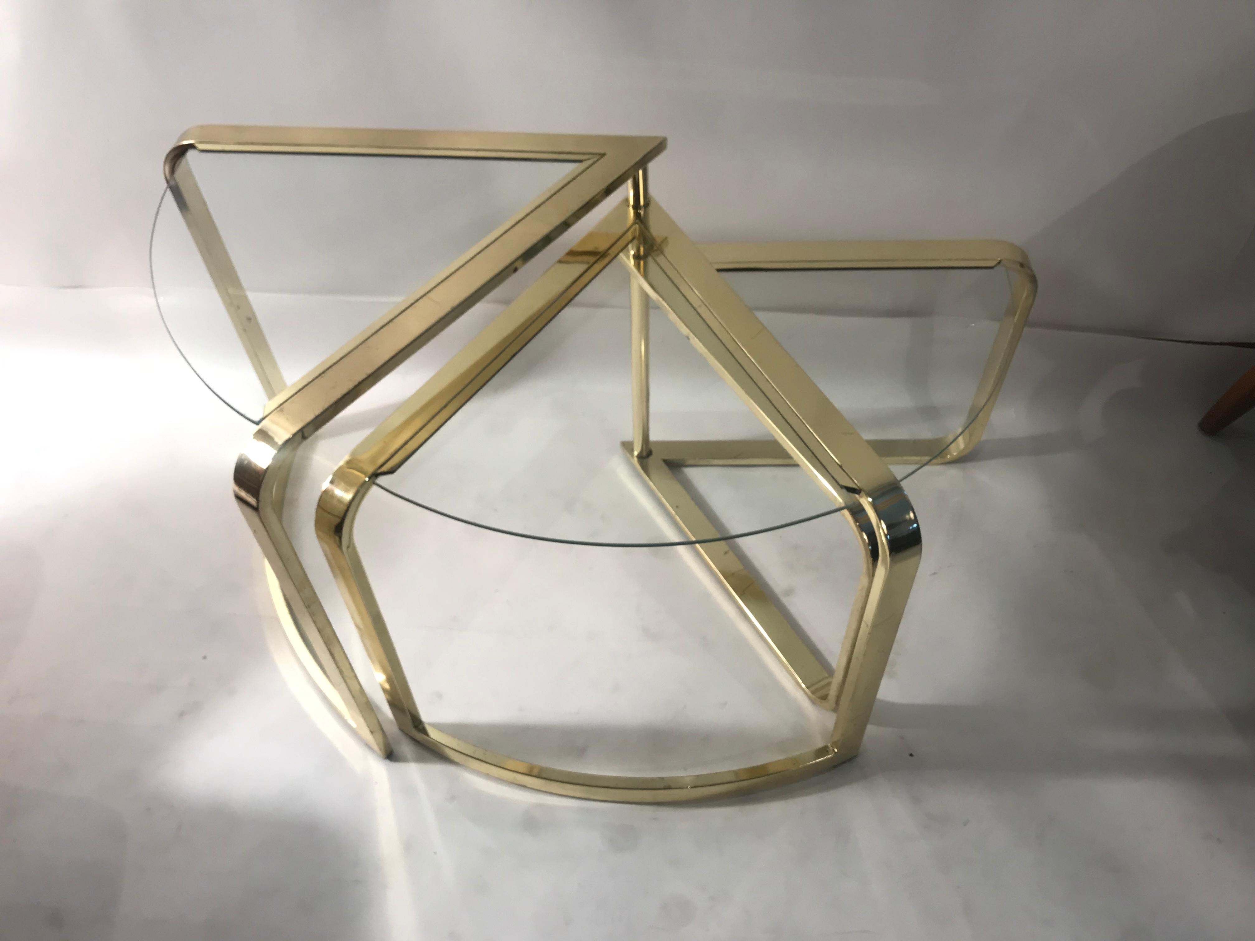 DIA hollywood regency brass and glass nesting wedge tables attributed to Milo Ba 2