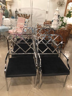 DIA Chrome Chinese Chippendale Arm Chairs Dining Set of Eight Mohair Velvet