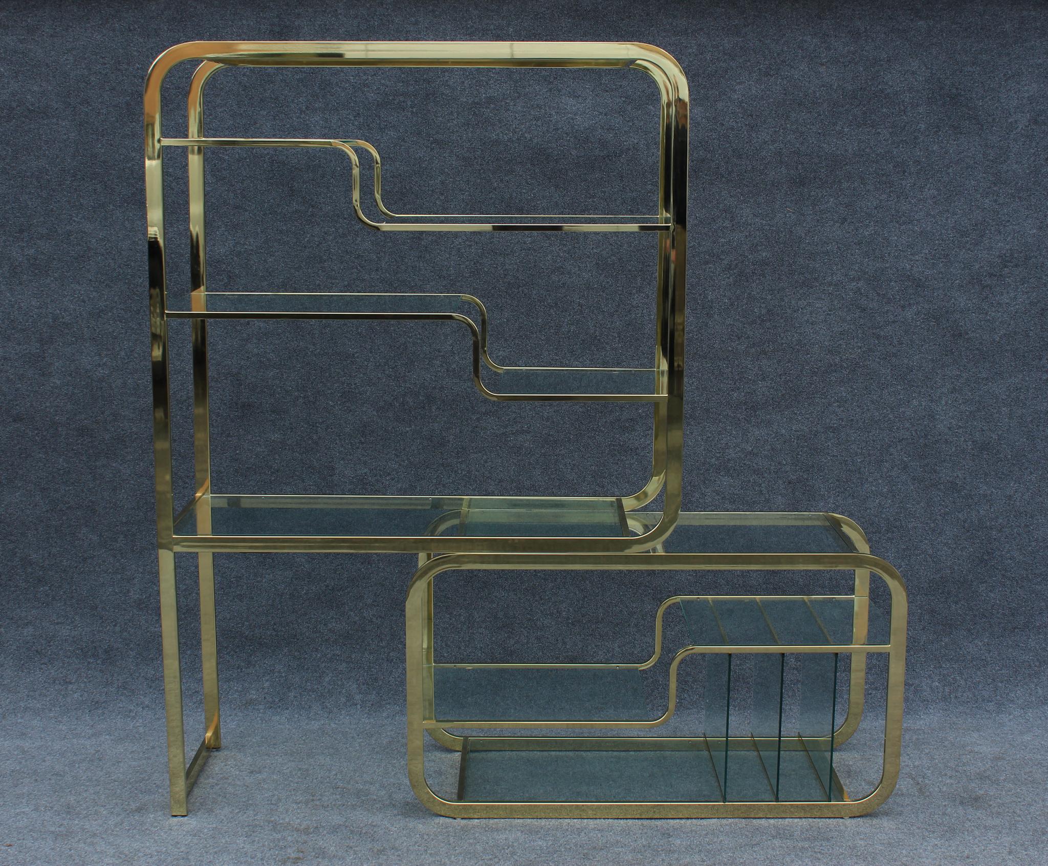 Designed after American legend Milo Baughman, this etagere was manufactured by Design Institute America towards the end of the 1970s. Made of two separate frames of brass plated steel, this etagere features numerous different sized shelves at