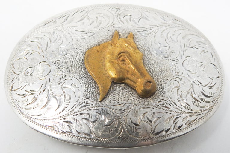 Diablo Sterling Silver with Brass Horse Head Belt Buckle For Sale at