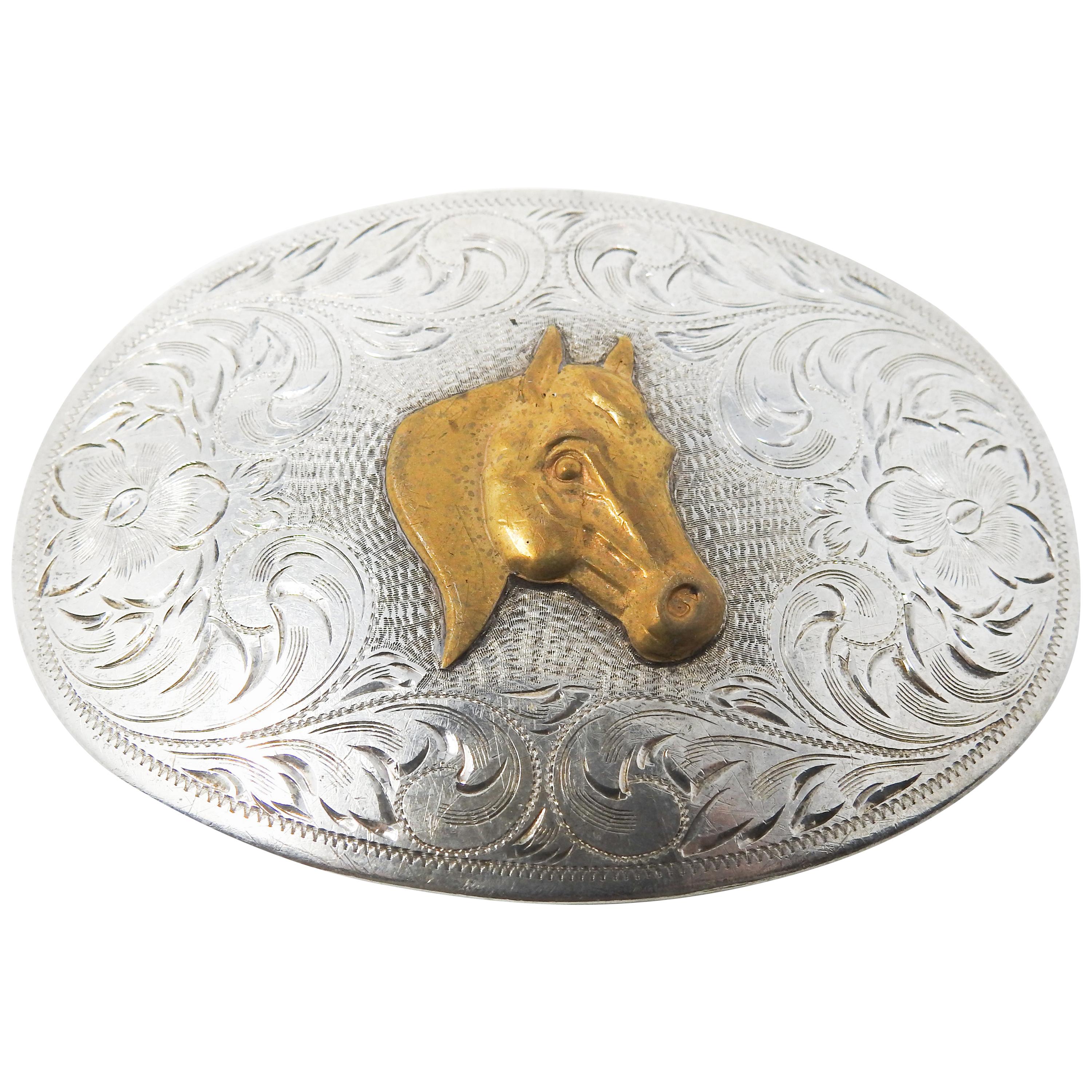 Diablo Sterling Silver with Brass Horse Head Belt Buckle For Sale