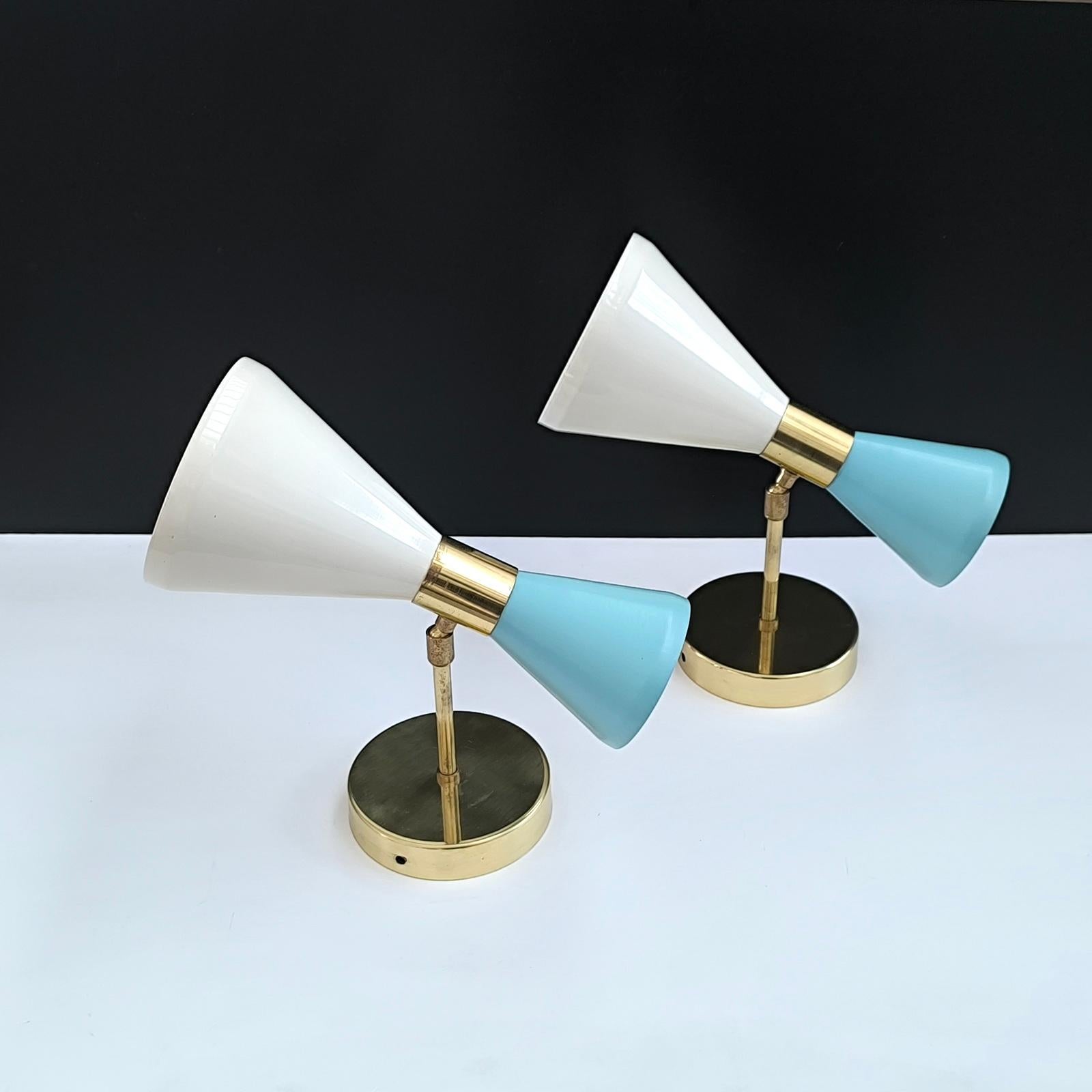 Diabolo Apliques Regulables, Latón, Marfil, Lacado Azul Bebé, Estilo Stilnovo en Nuevo estado para la venta en Bochum, NRW