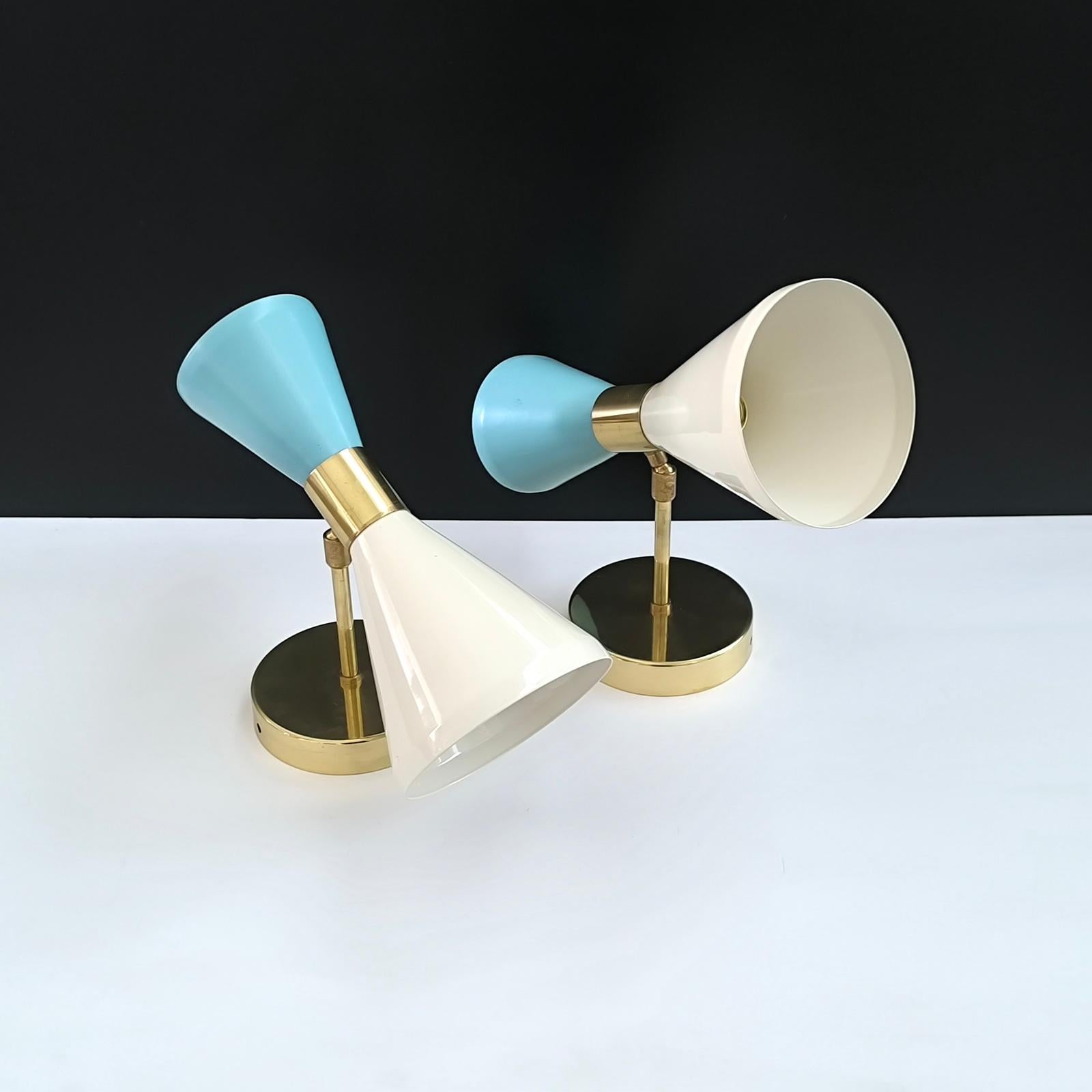 Diabolo Apliques Regulables, Latón, Marfil, Lacado Azul Bebé, Estilo Stilnovo en venta 1