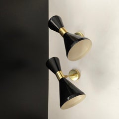Diabolo Pair of Adjustable Wall Lights, Brass and Black Lacquer, Stilnovo Style