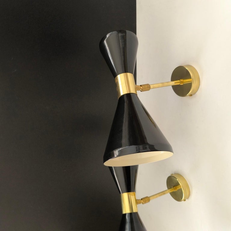 Paire D'appliques Murales Diabolo Style Mid-century - Laiton Poli Et Noir Mat, Pour Ampoule E12/E14, Neuves