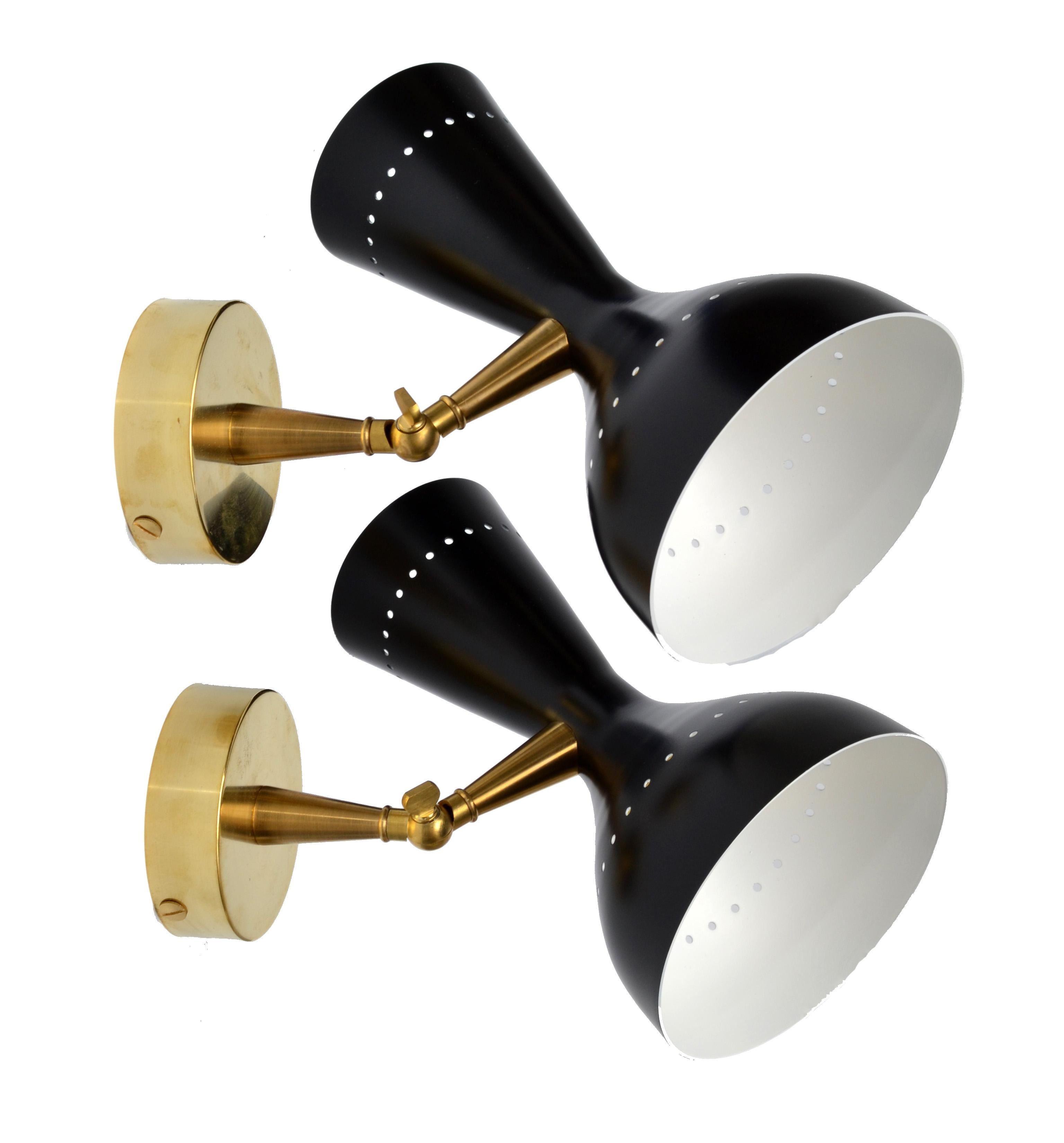 Contemporary Diabolo Sconce in the Style of Stilnovo Brass Metal Black White Enamel Finish For Sale