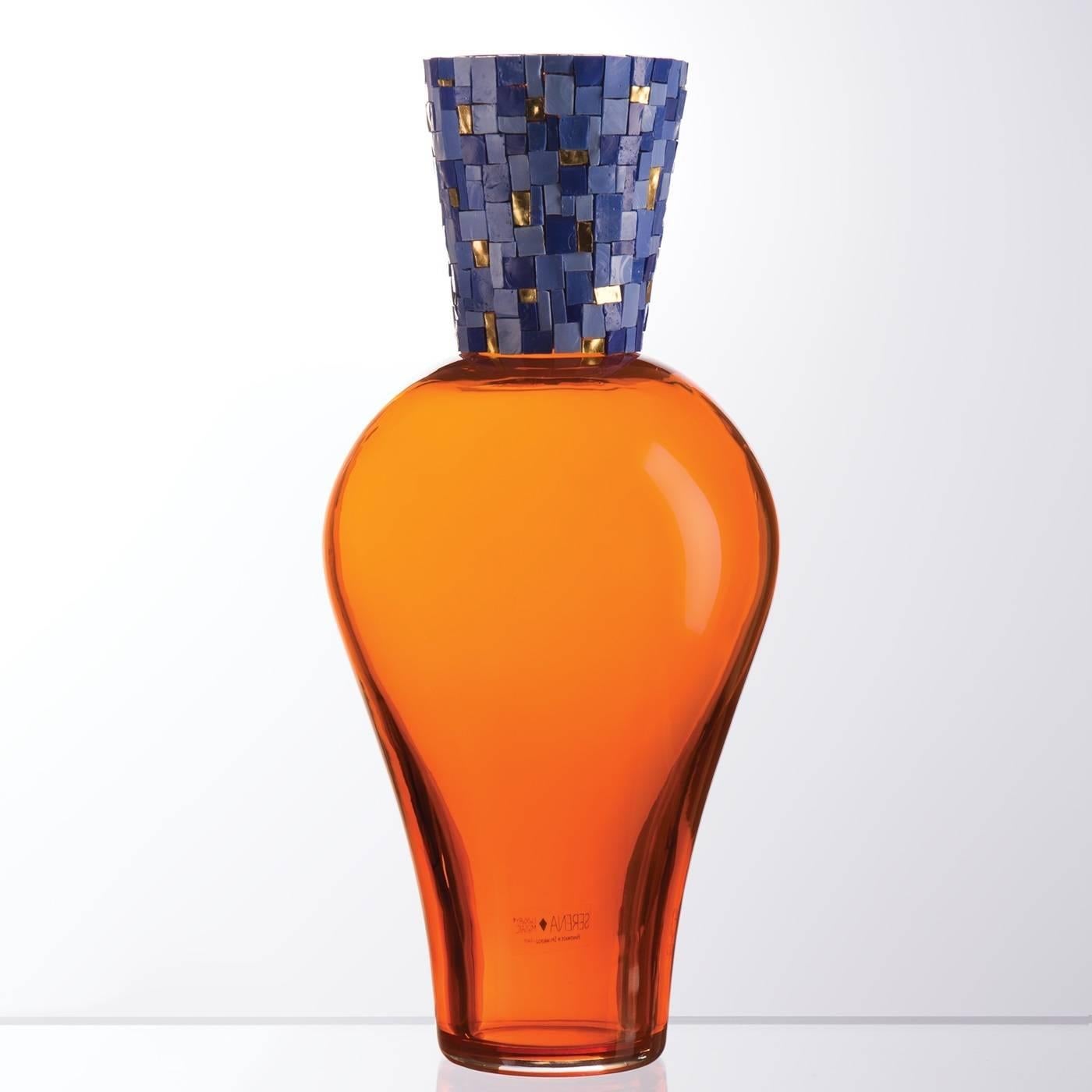 This elegant glass vase is available in four colors (orange, tinted, soft green, and blue) to best complement any decor, either modern or Classic. The Amphora-shape body is made of Murano mouth-blown glass in an alluring orange shade while the neck