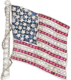 Diafini 18k White Gold, Diamond and Sapphire American Flag Brooch