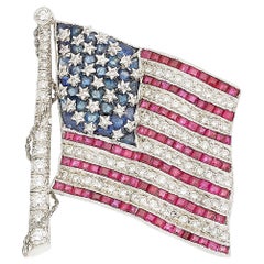 Diafini 18k White Gold, Diamond and Sapphire American Flag Brooch
