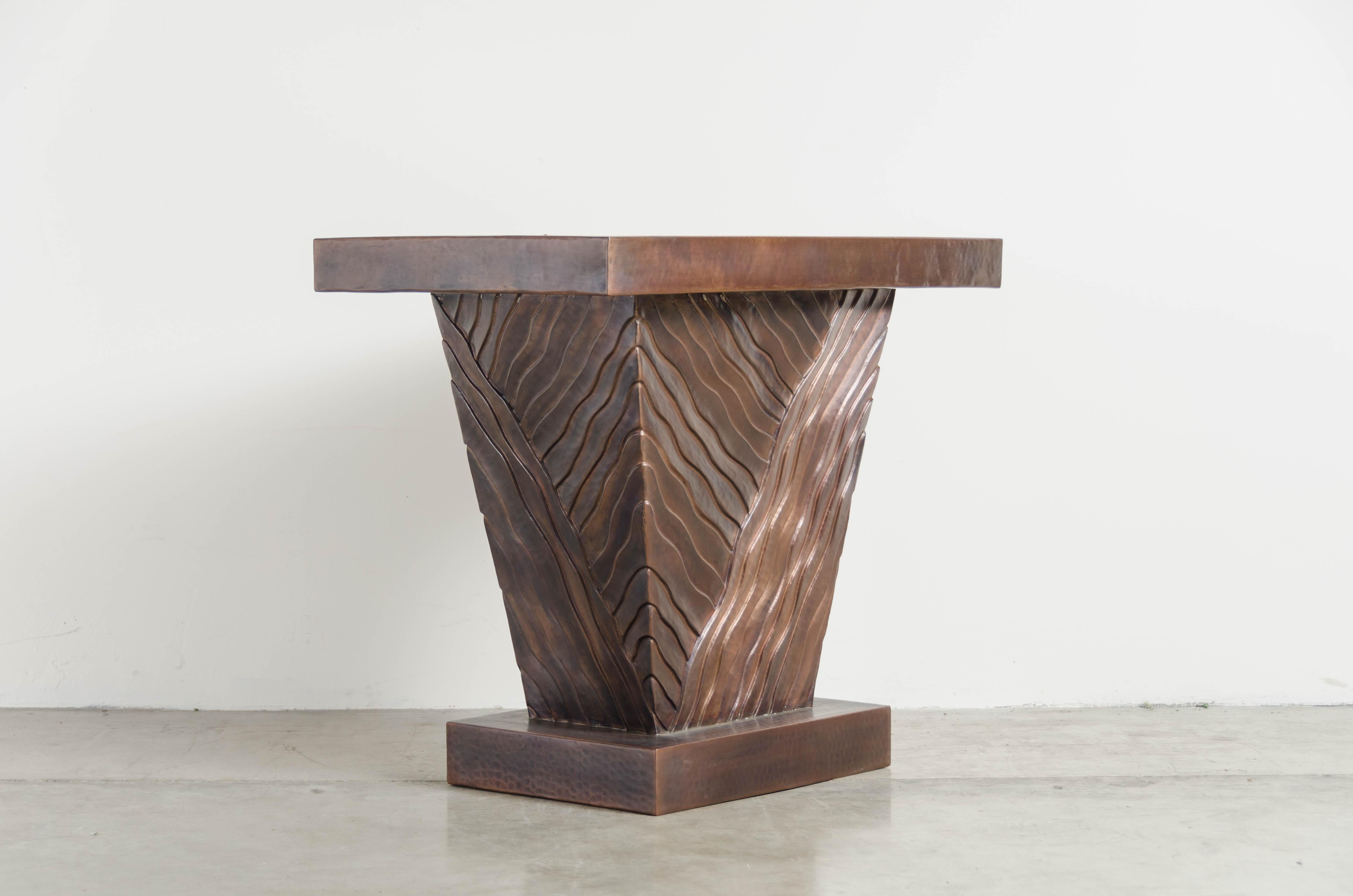 Diagonal Cascade Side Table, Antique Copper by Robert Kuo, Hand Repoussé In New Condition For Sale In Los Angeles, CA