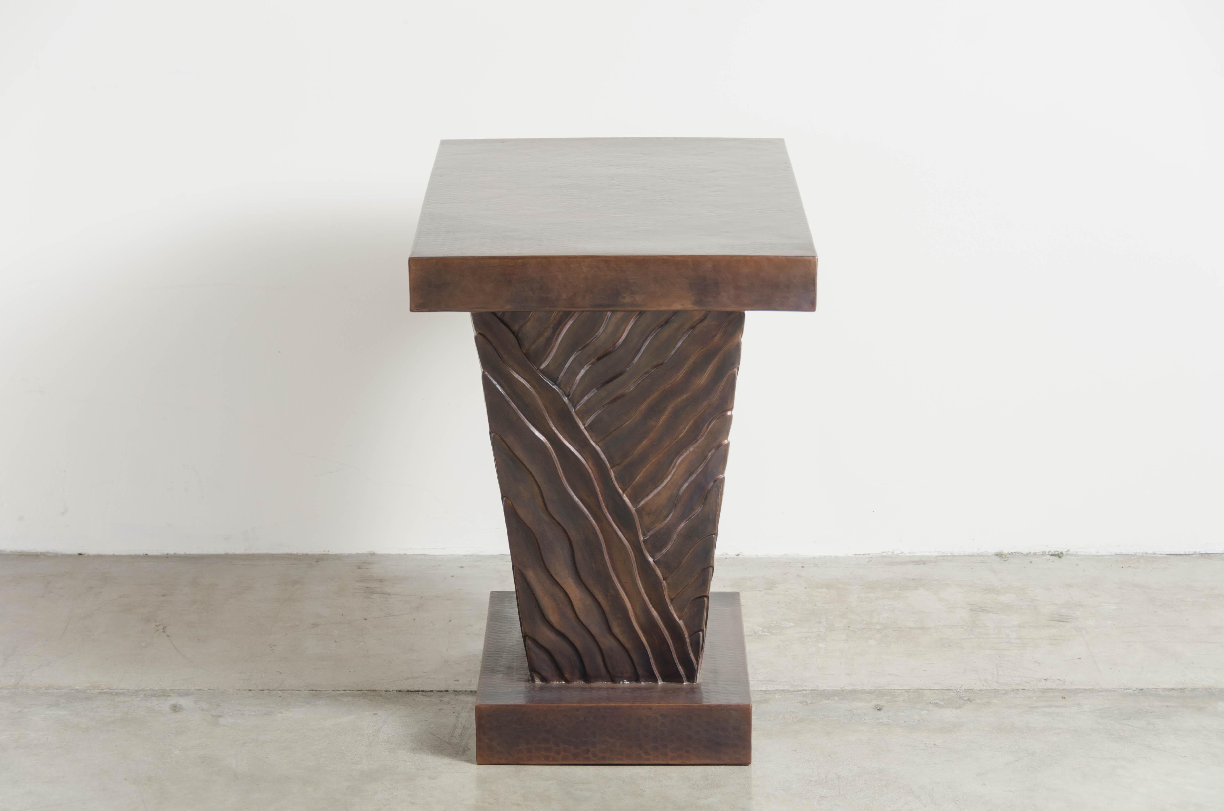 Contemporary Diagonal Cascade Side Table, Antique Copper by Robert Kuo, Hand Repoussé For Sale