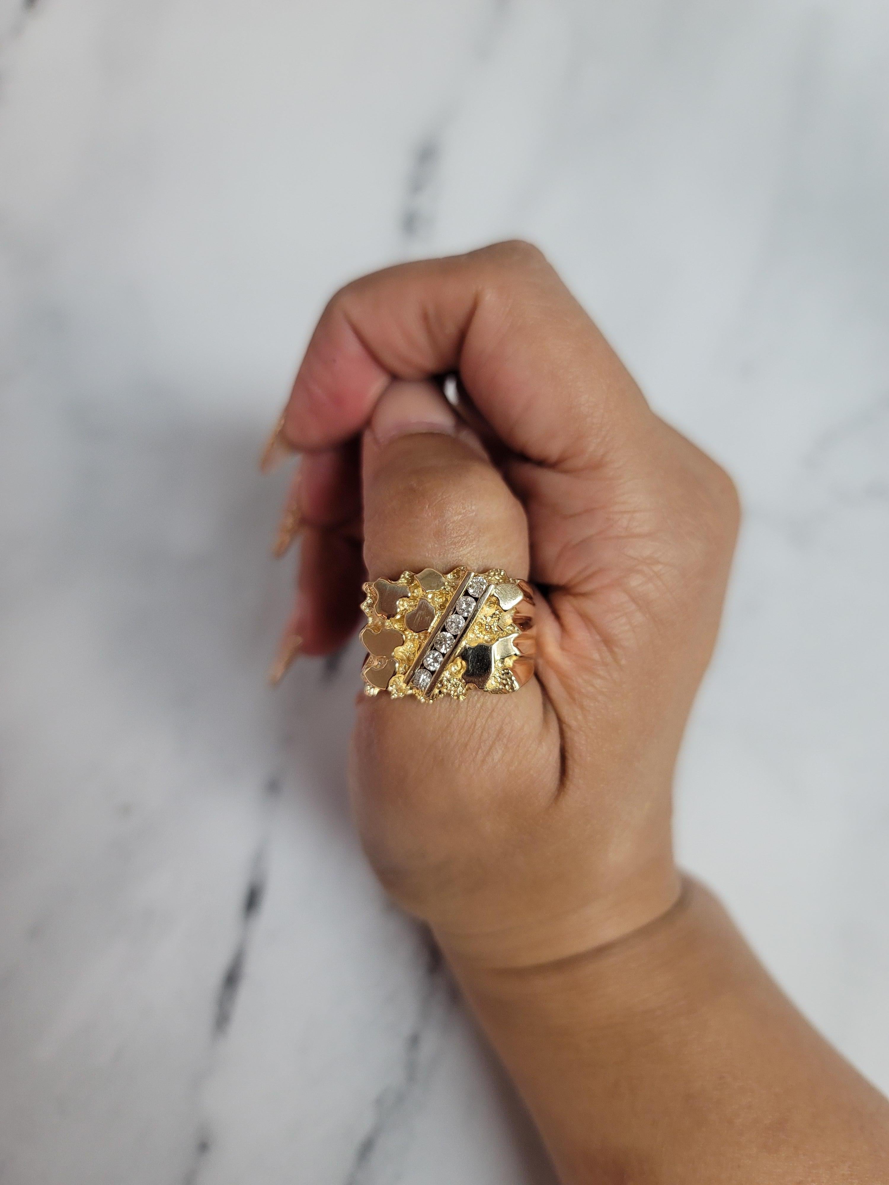 ♥ Product Summary ♥

Main Stone: Diamond 
Approx. Diamond Carat Weight: .37cttw 
Diamond Color: H/I
Diamond Clarity: SI1/SI2
Dimensions: 16mm x 21mm
Band Material: 14k Yellow Gold
Number of Stones: 6 
Weight: 16 grams 